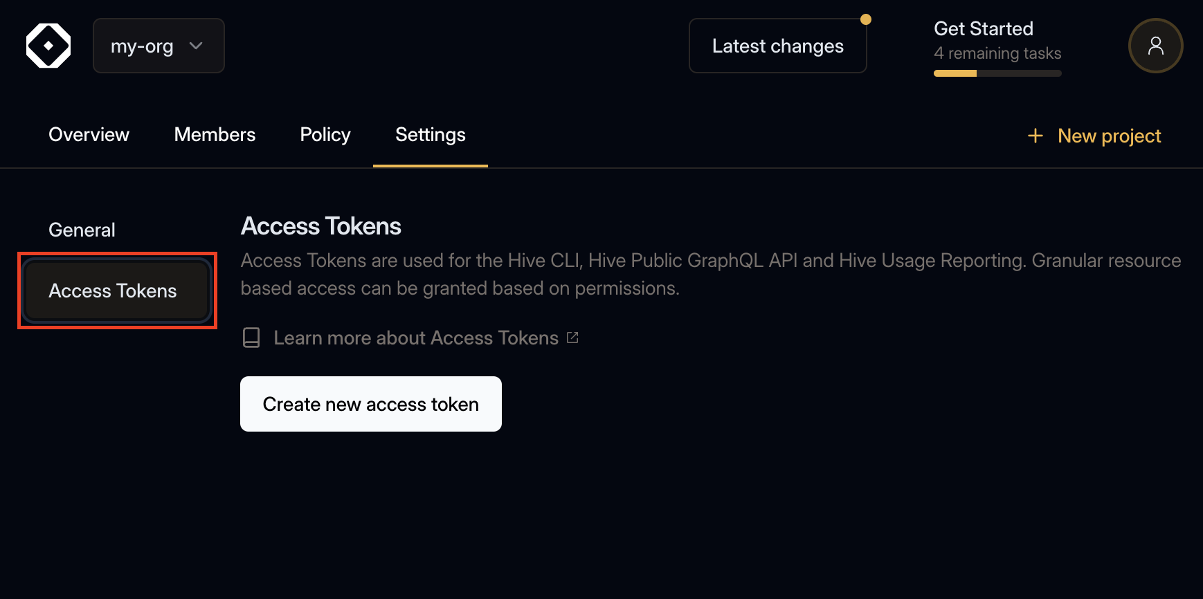 Organization Access Tokens Section
